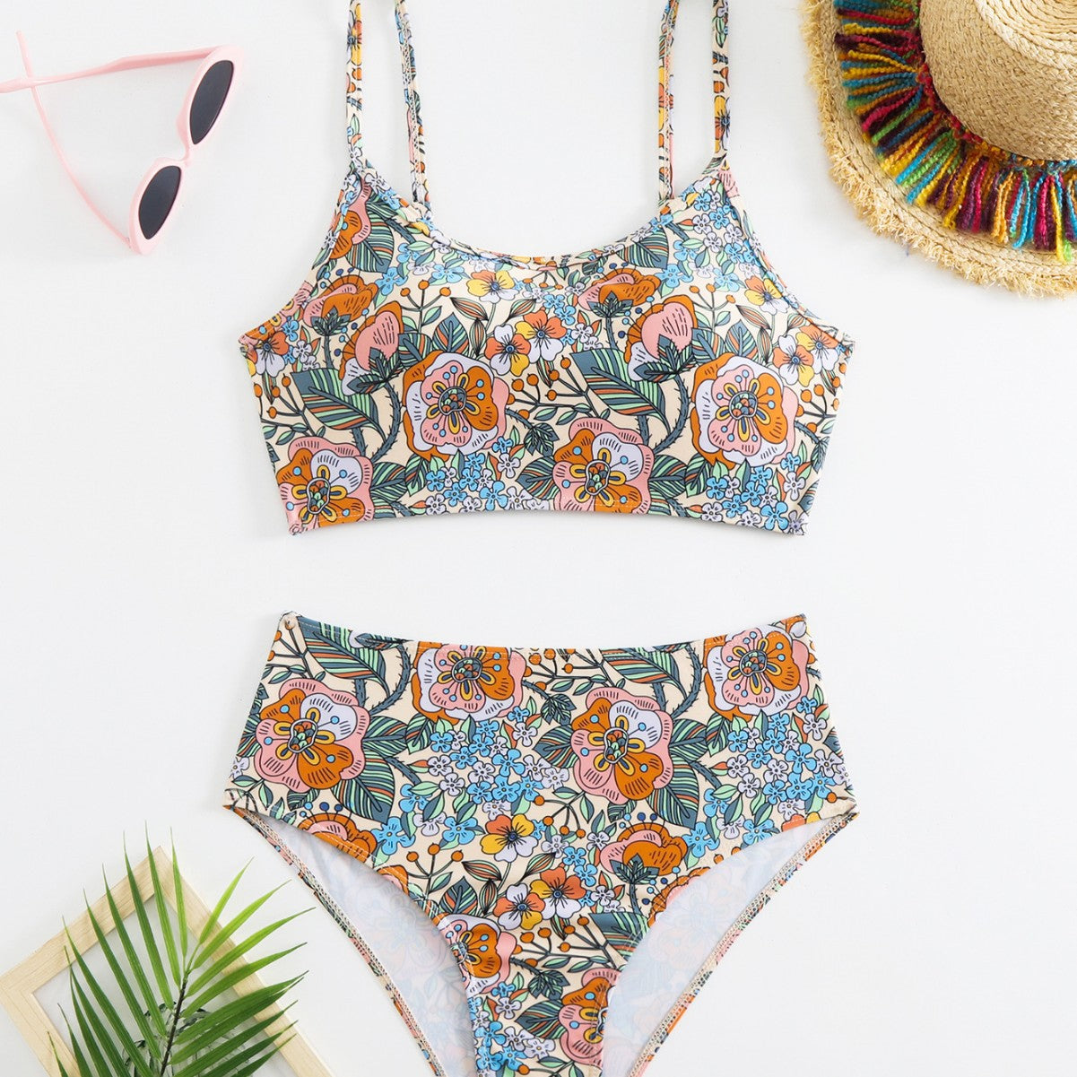 Sexy print high waist split bikini sets