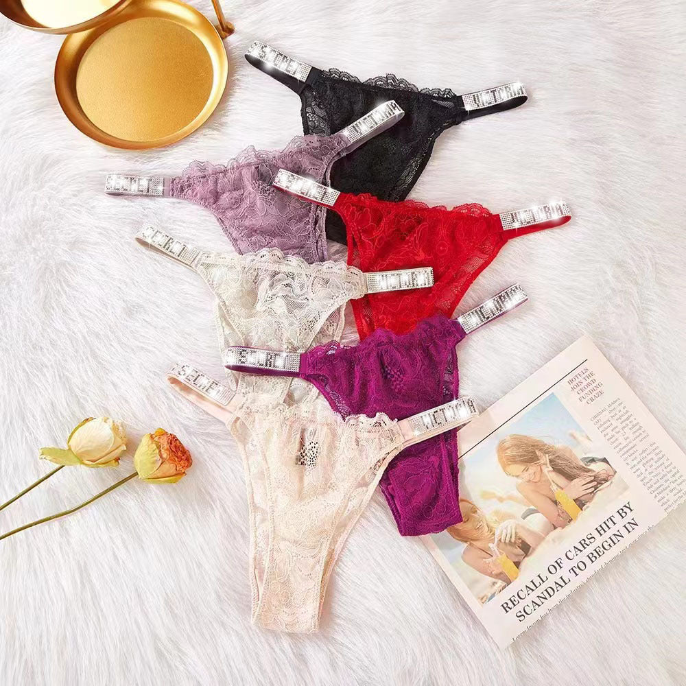 Rhinestone lace T-back underwear