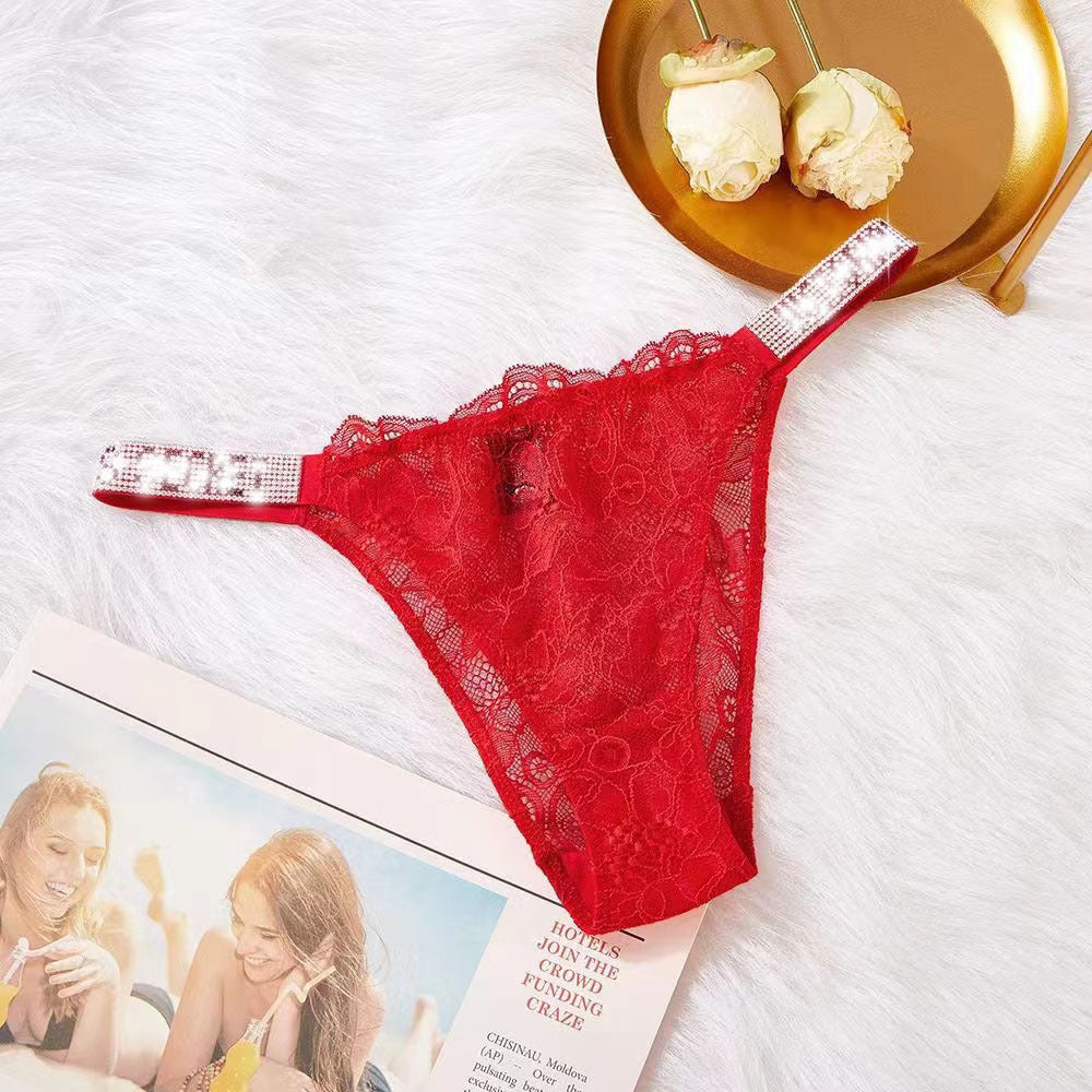 Rhinestone lace T-back underwear