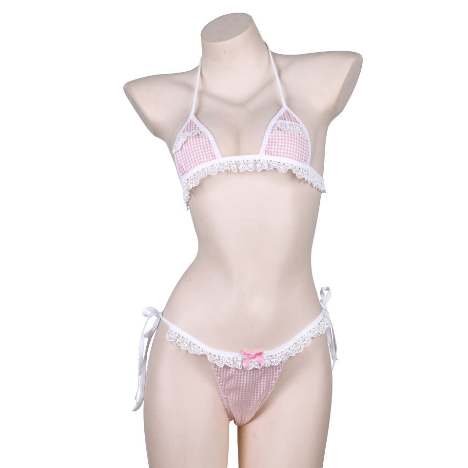 Halter strap plaid lace lingerie