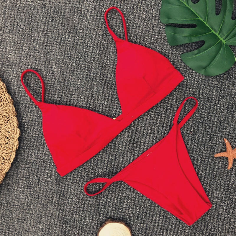 Solid color gathered V-back split bikini sets
