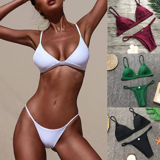 Solid color gathered V-back split bikini sets