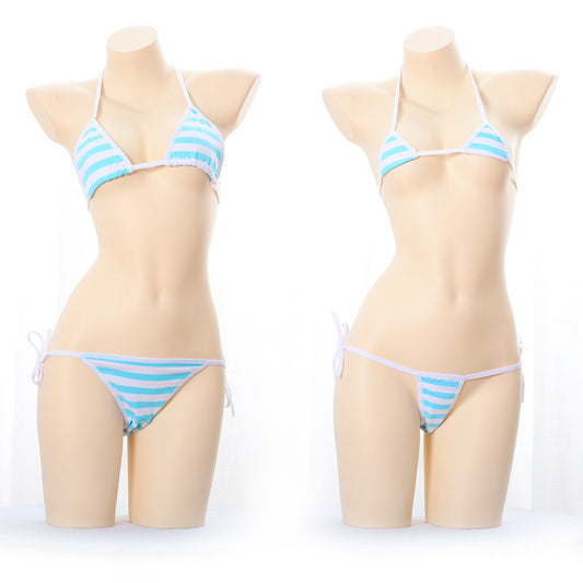 Blue white striped lace-up mini bikinis