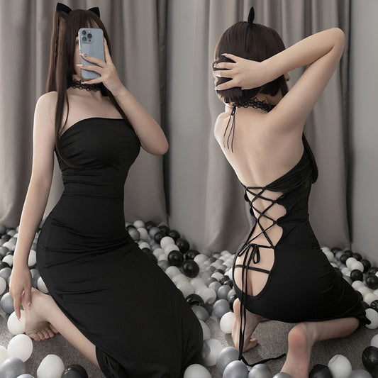 Long skirt lace-up leopard print sets