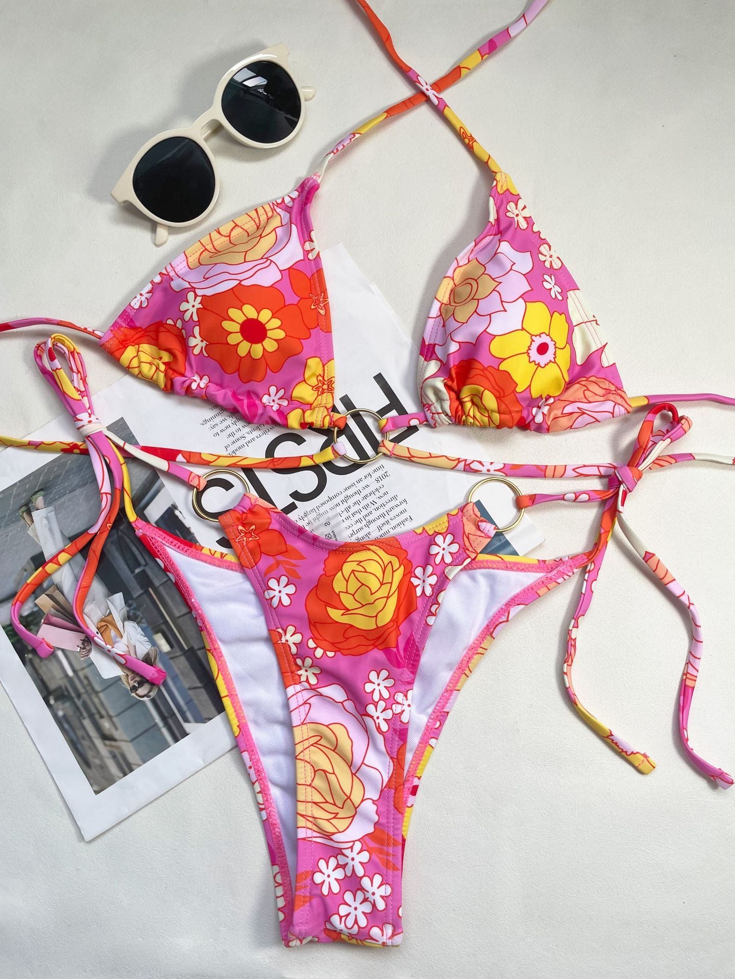 Seductive three-point printed lace-up backless bikinis