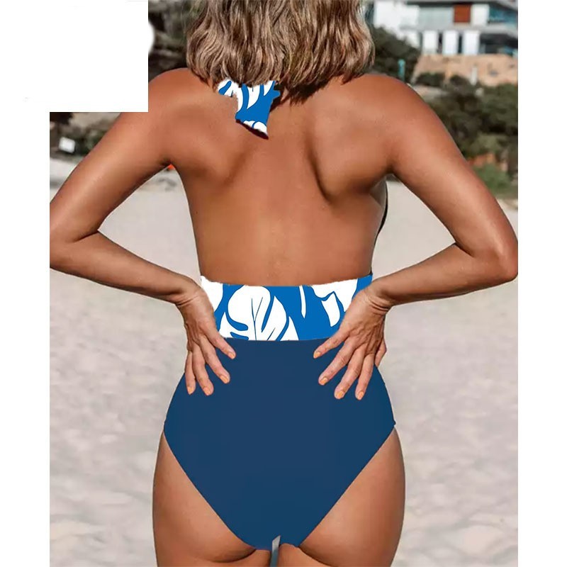 Lace-up neck deep V open-back one-piece bikinis
