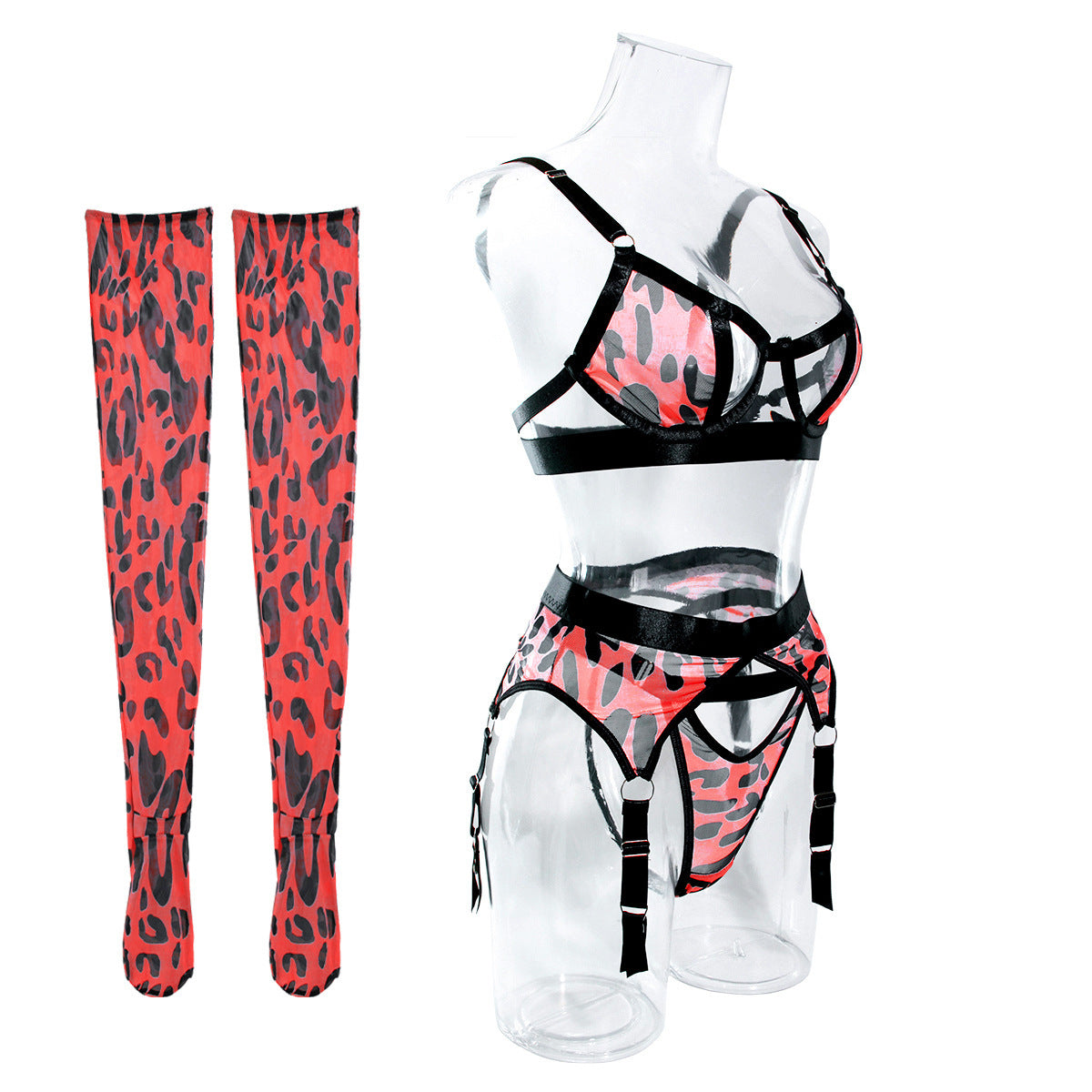 Leopard print mesh hollow lingerie sets