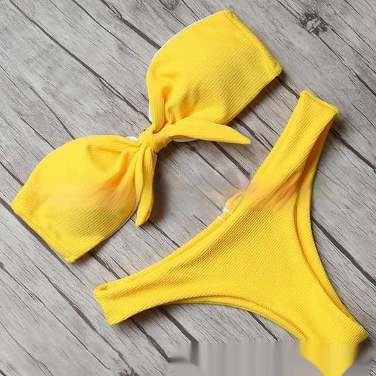 Solid color striped pit fabric bow bikini sets