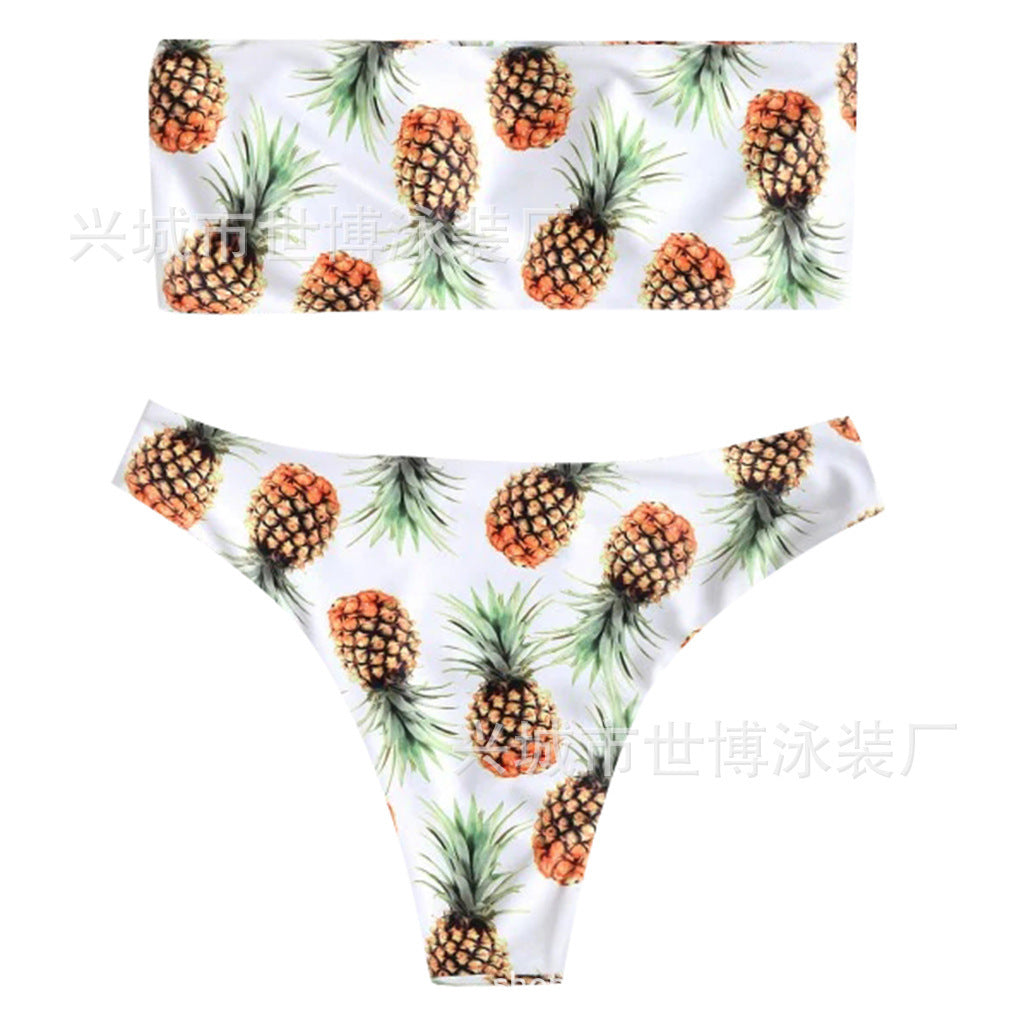 Playful pineapple print tube top split bikinis