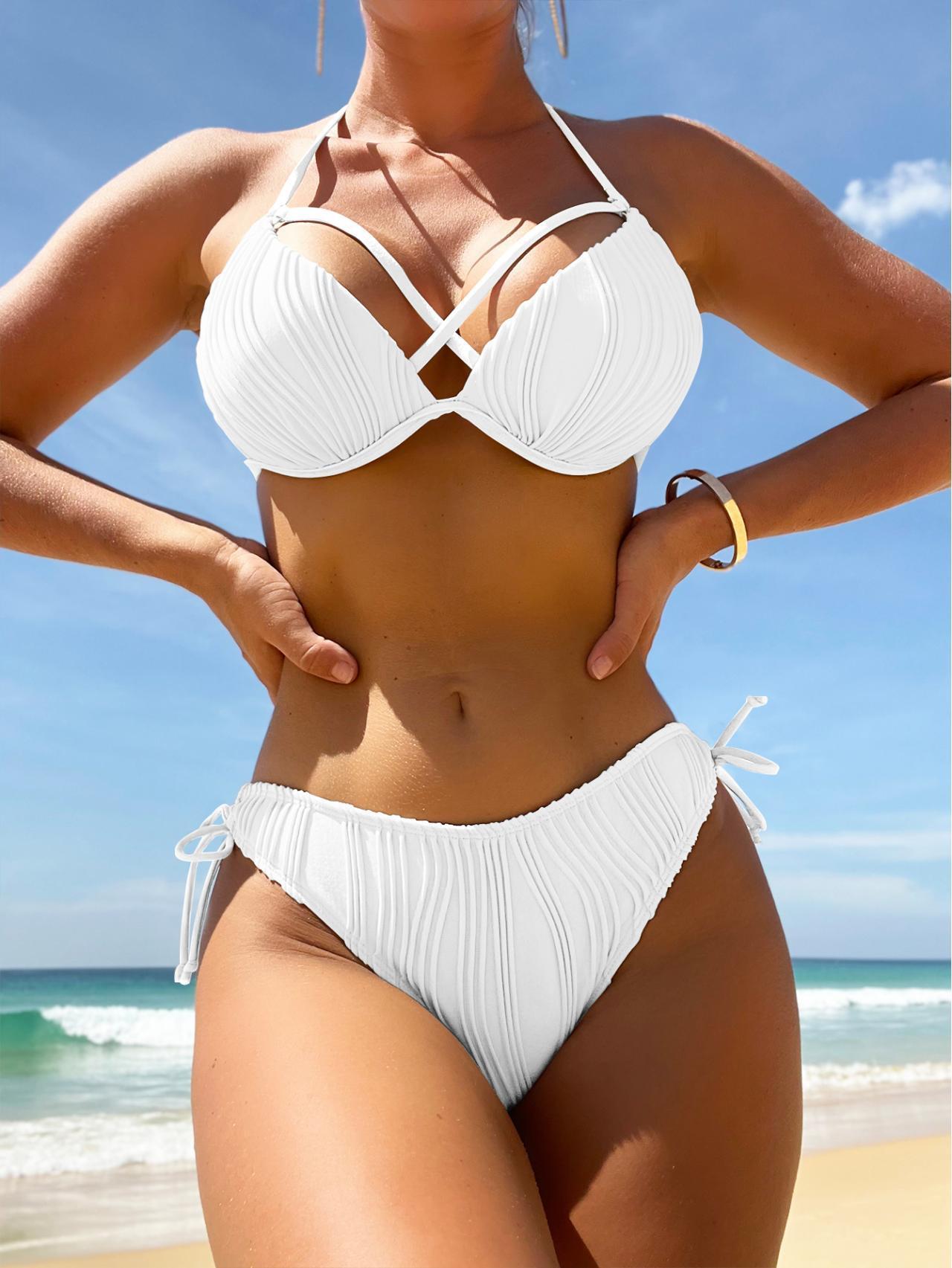 Alluring belted padded sleeveless split bikinis