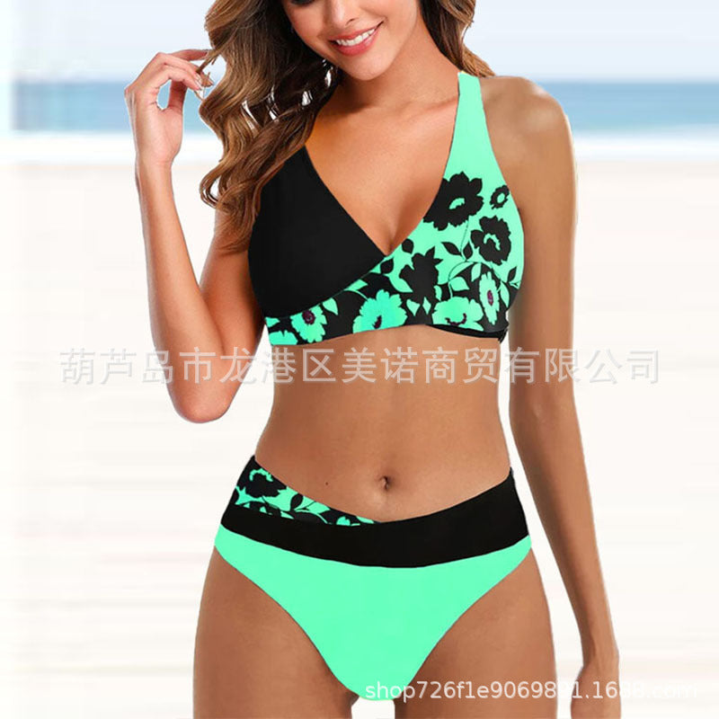Seductive split triangle halter lace-up printed bikinis