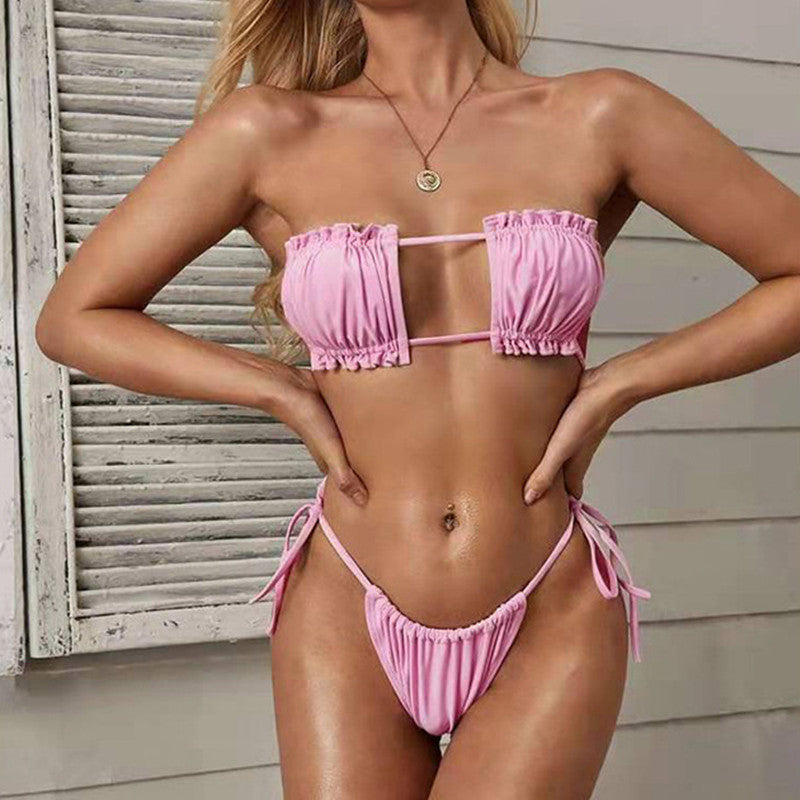 Flirty pleated drawstring triangle bikinis