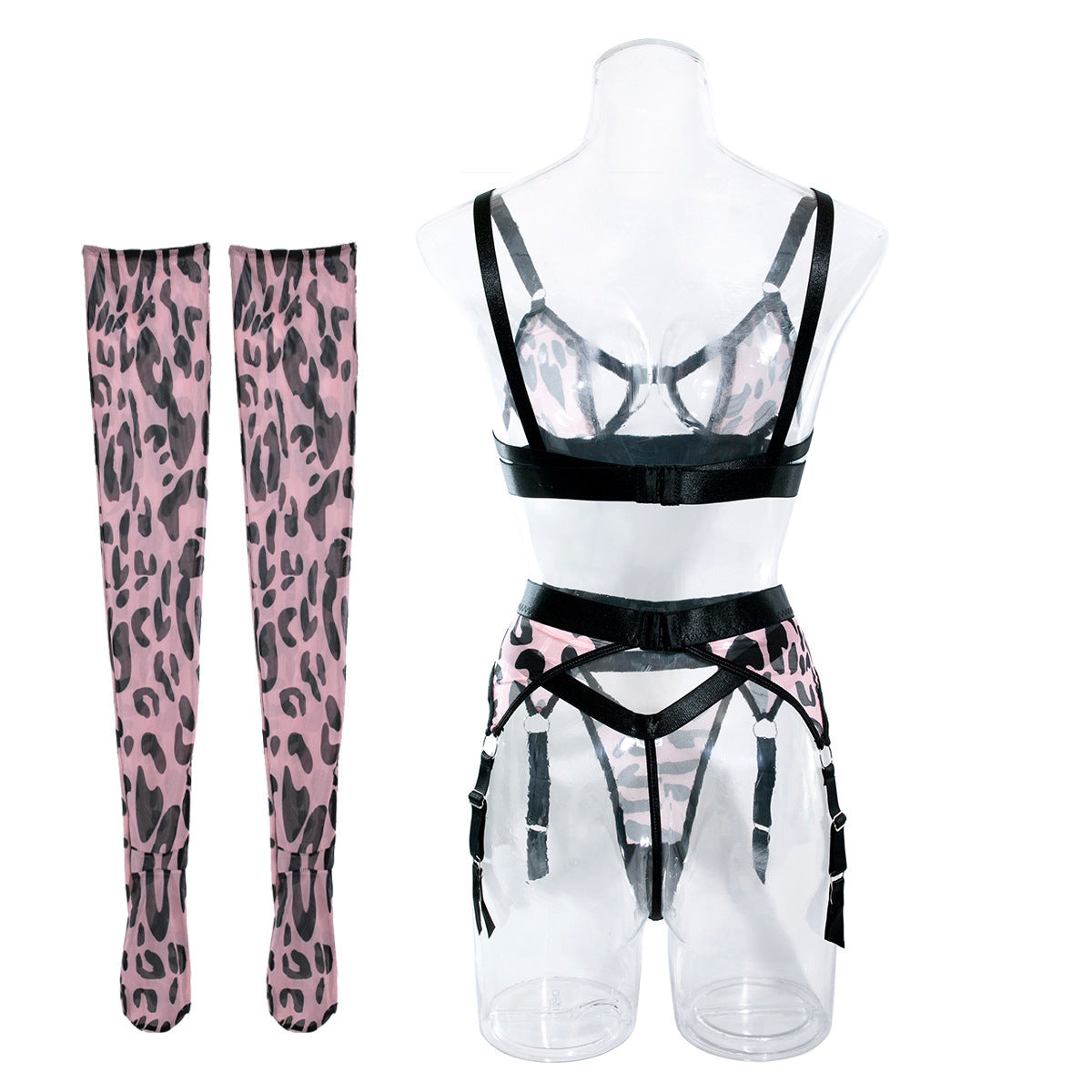 Leopard print mesh hollow lingerie sets