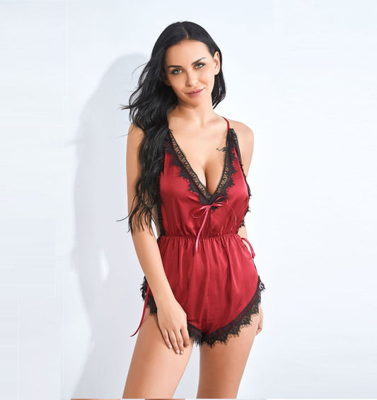 Red suspender one-piece lace lingerie