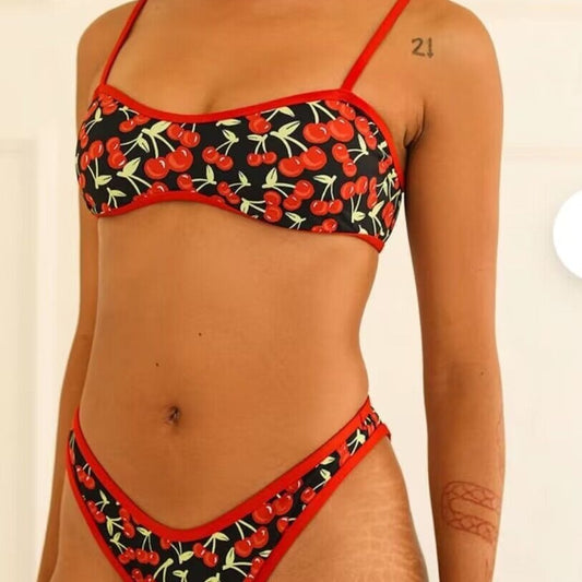 Cherry print tube top bikini sets