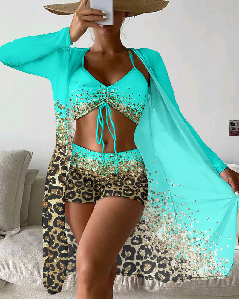 Flirty mesh outerwear color-contrast three-piece bikinis