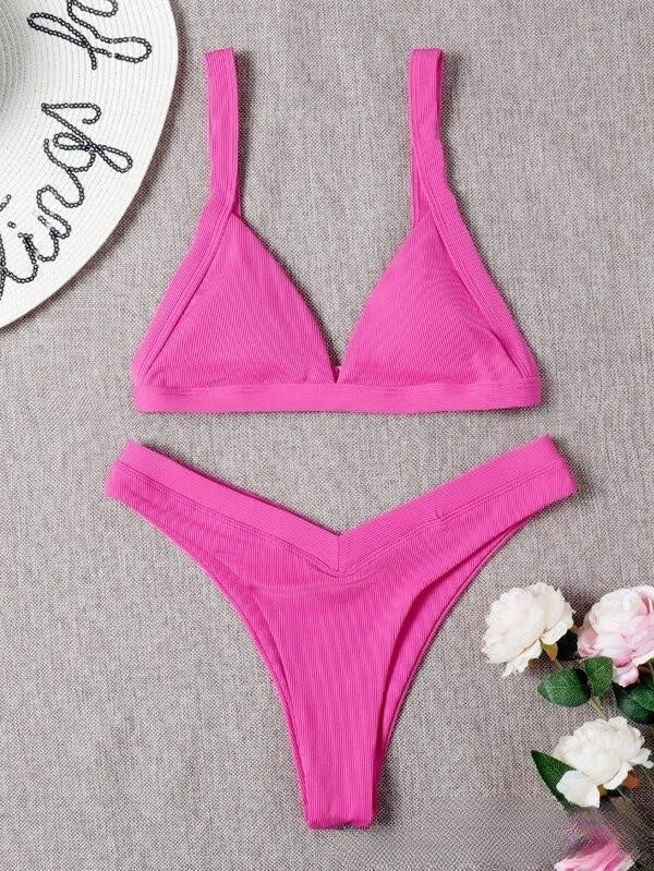 Solid small sunken stripe bikini sets
