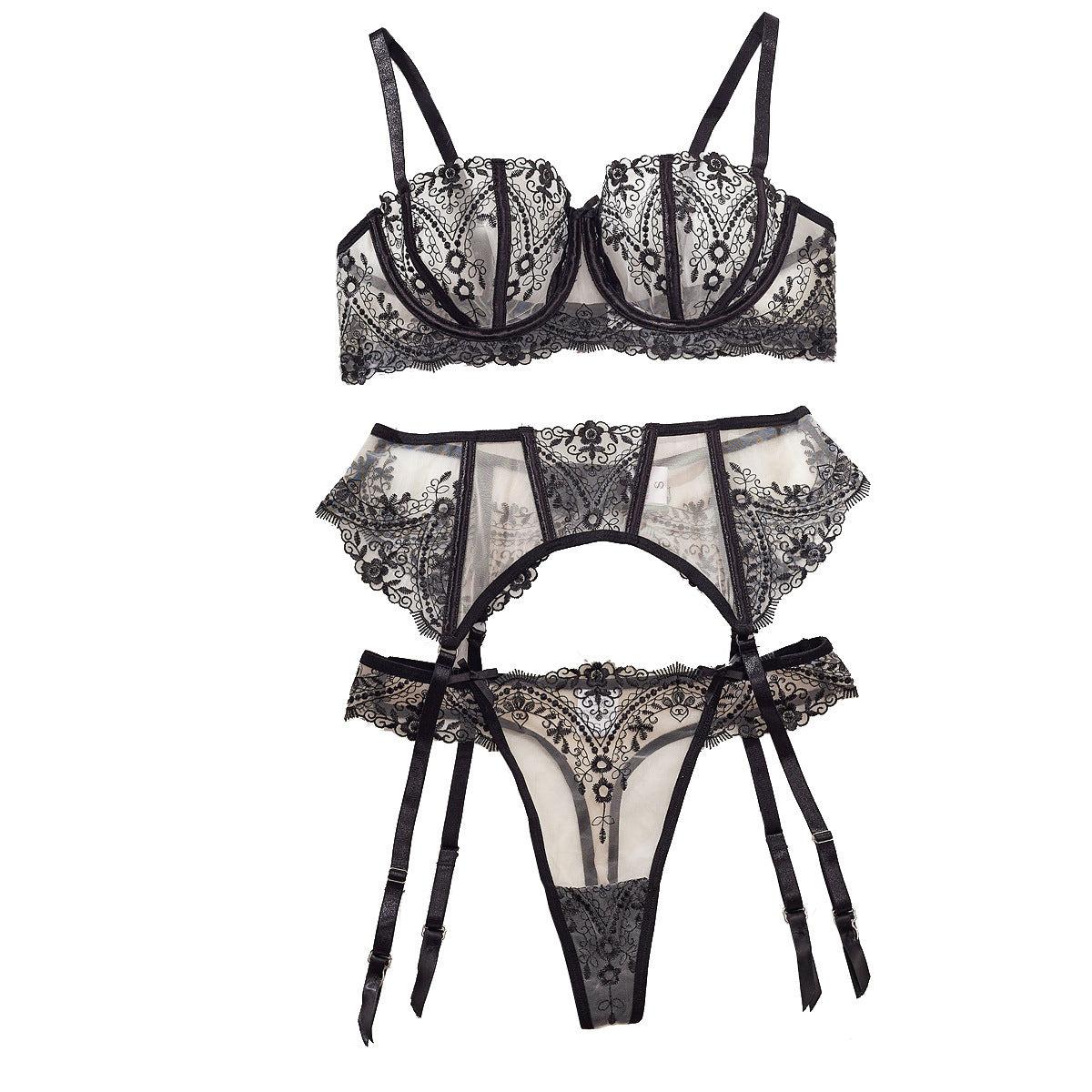 Embroidered sheer mesh lingerie sets