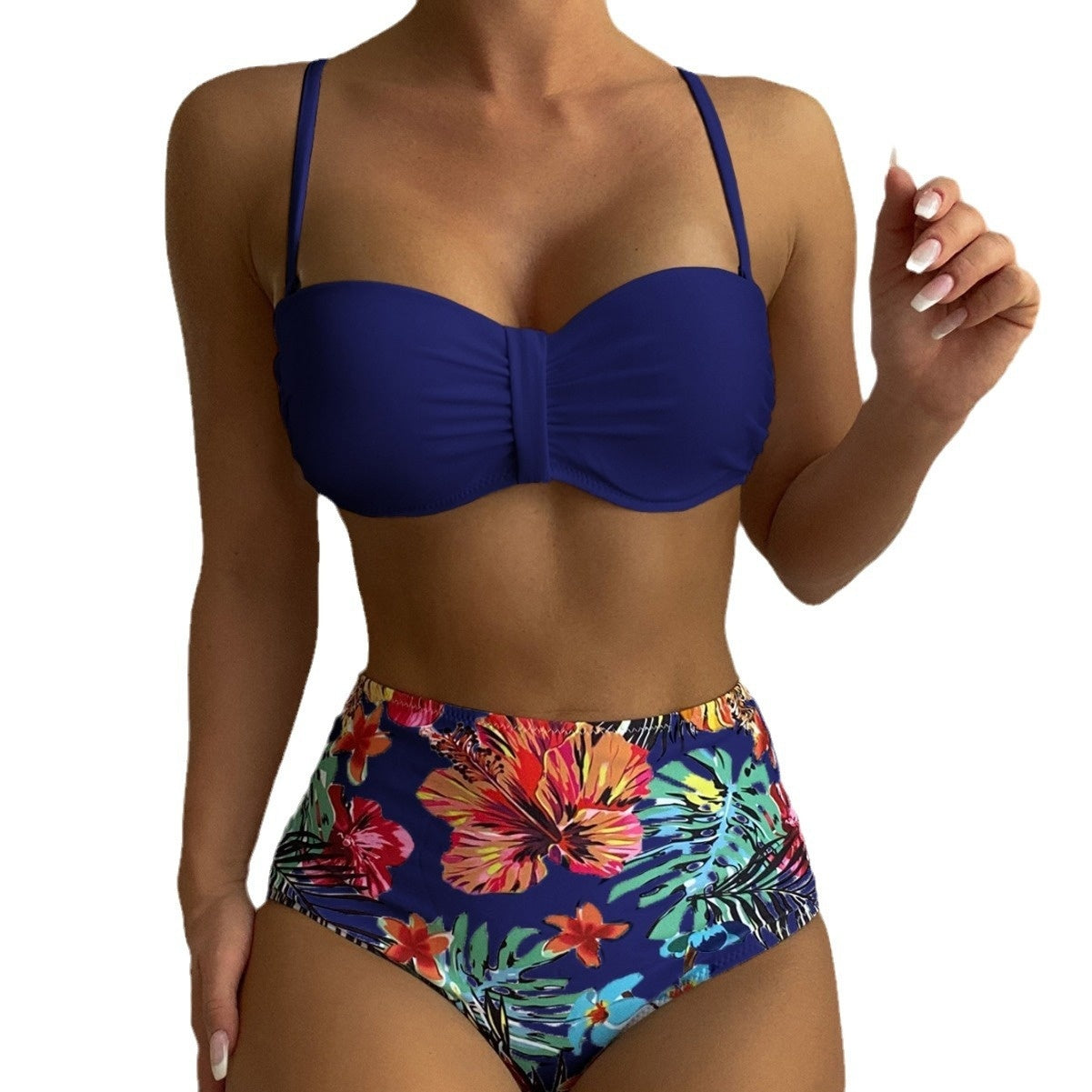 Printed high waist split tube top bikini sets