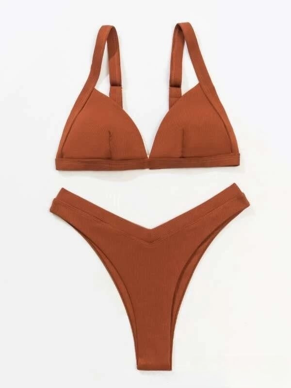 Solid small sunken stripe bikini sets
