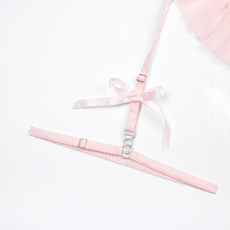 Pompon pleated skirts see-through mesh sets