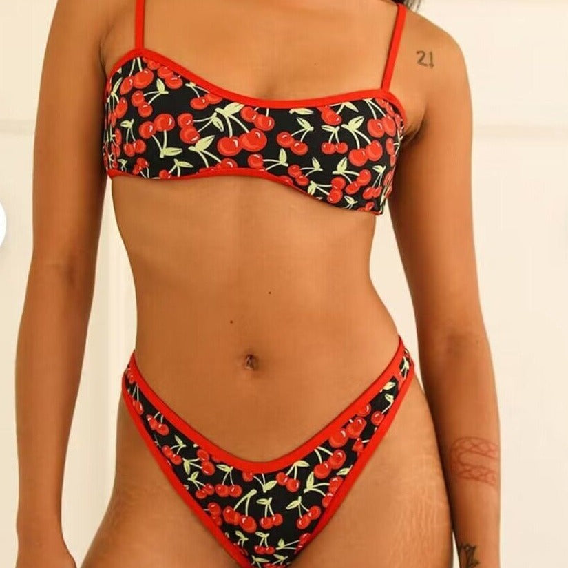 Cherry print tube top bikini sets