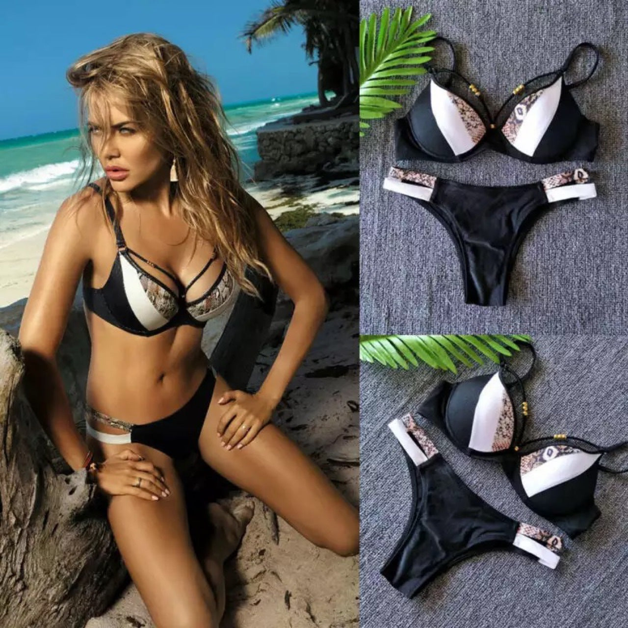 Wild snake skin print split bikinis