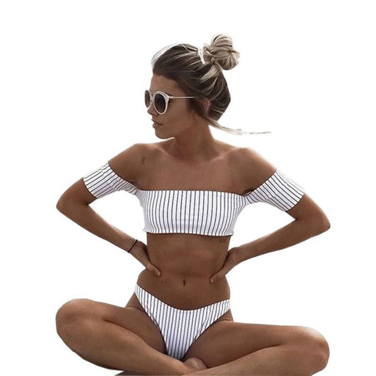 Striped one-shoulder split bikini sets