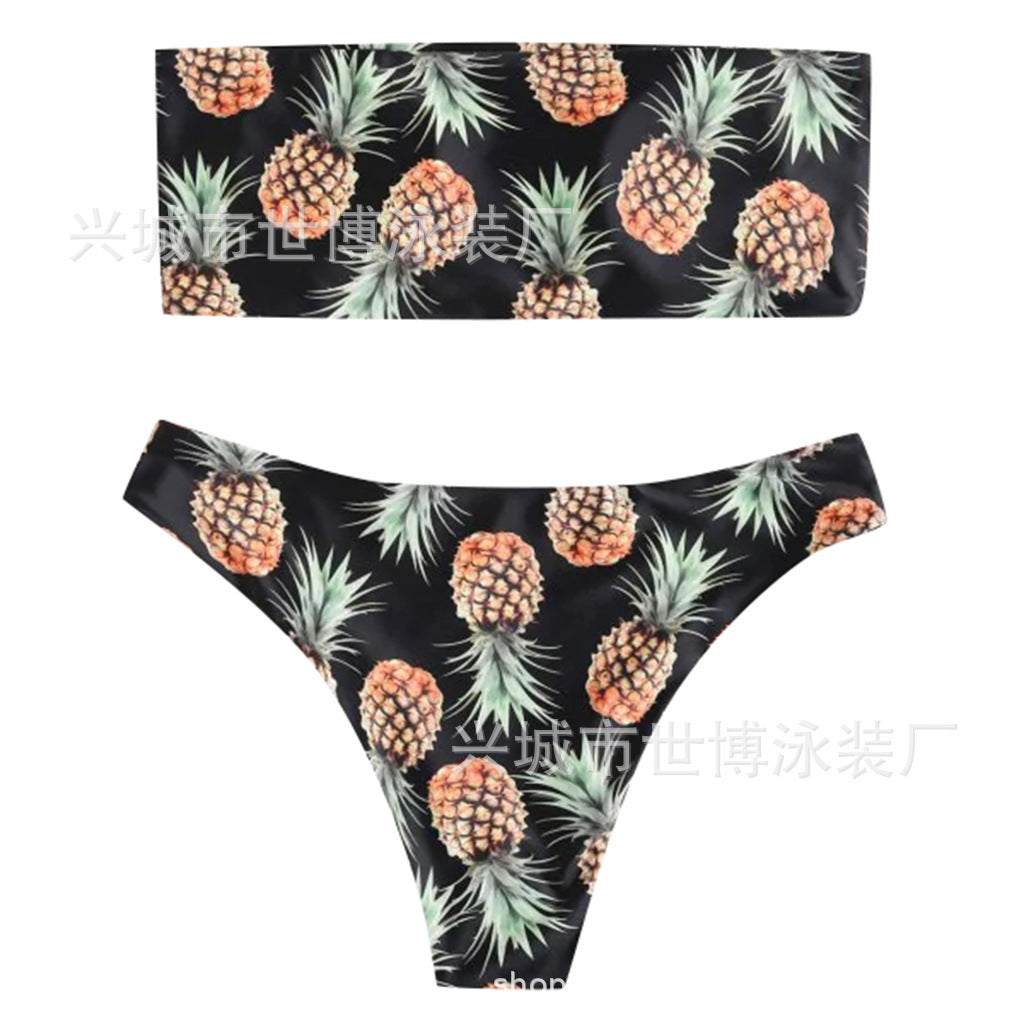 Playful pineapple print tube top split bikinis