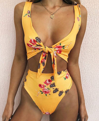 Cherry print split lace bikinis