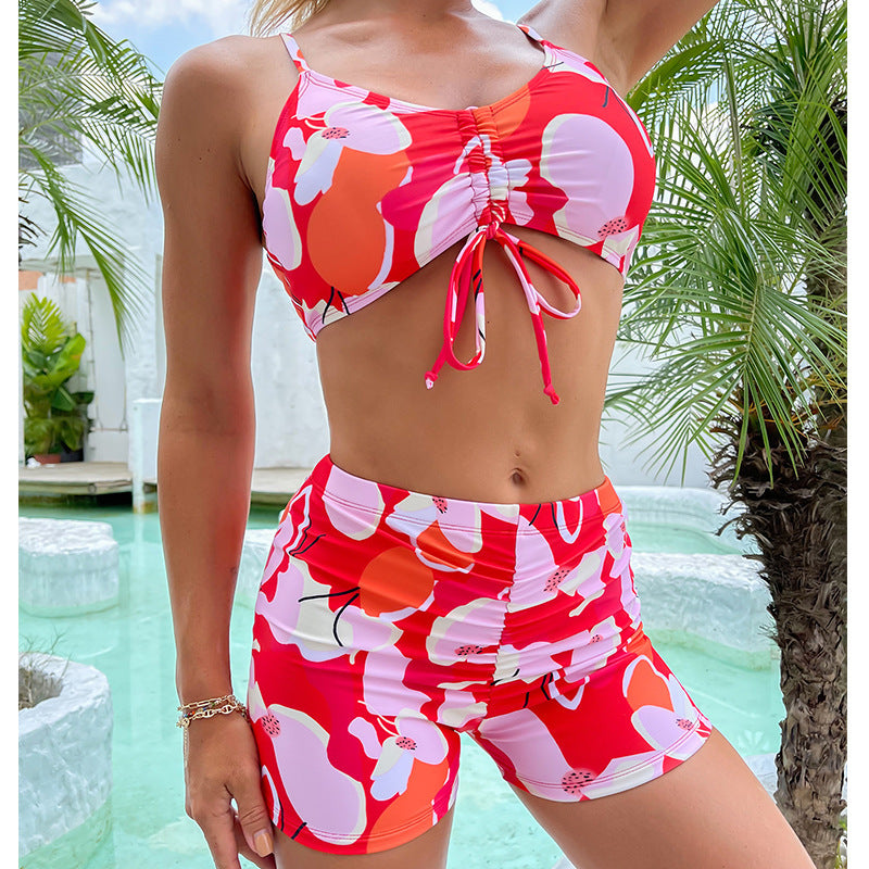 Printed drawstring shorts high waist bikini sets