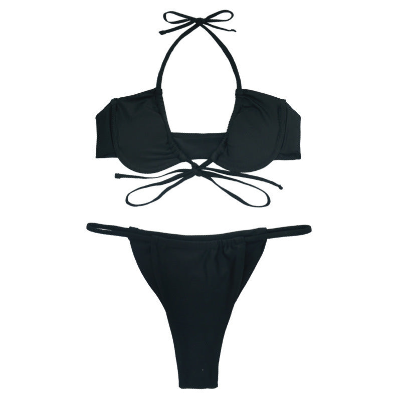 Elegant pure-color tethered back split bikinis