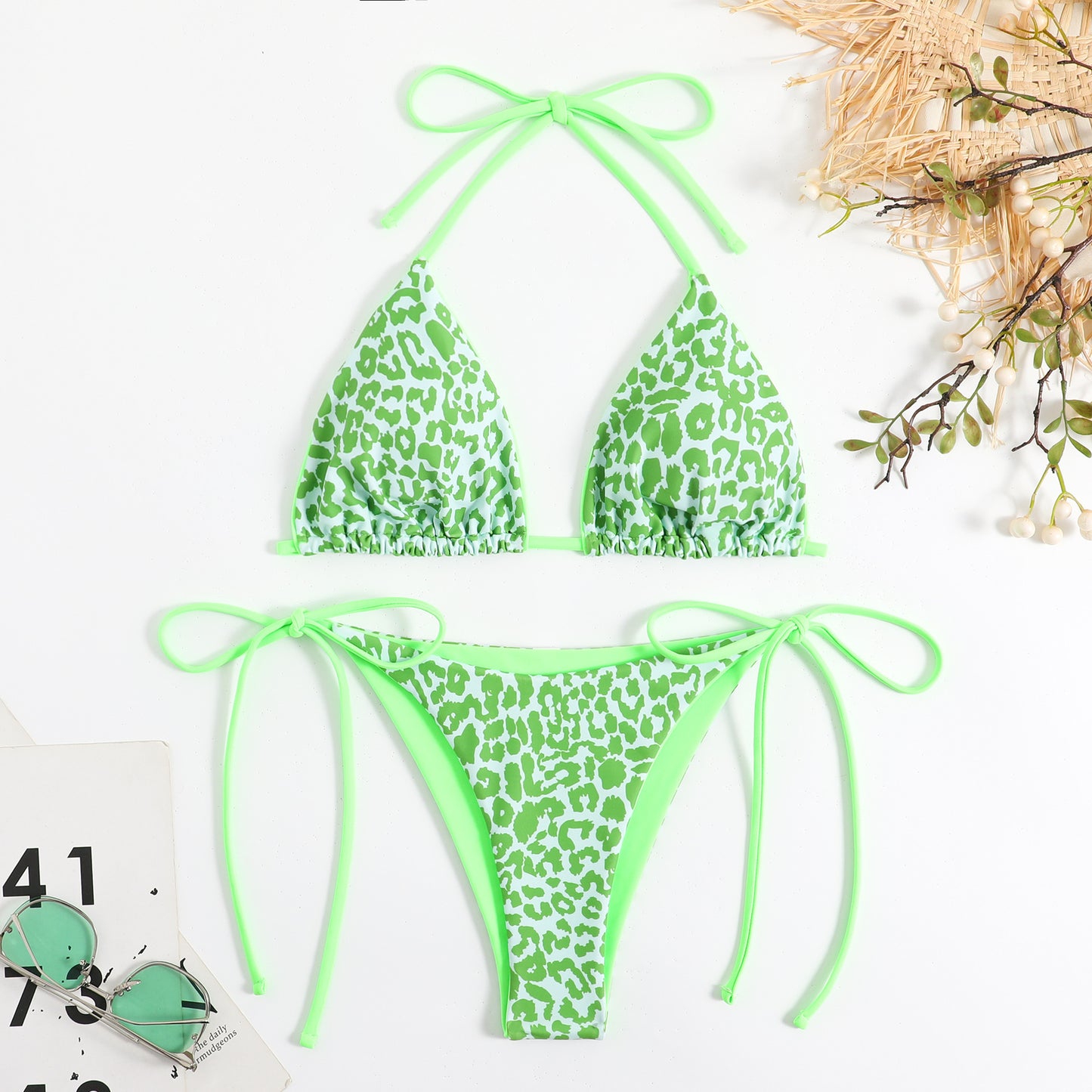 Nylon duplex printing lace up split bikinis