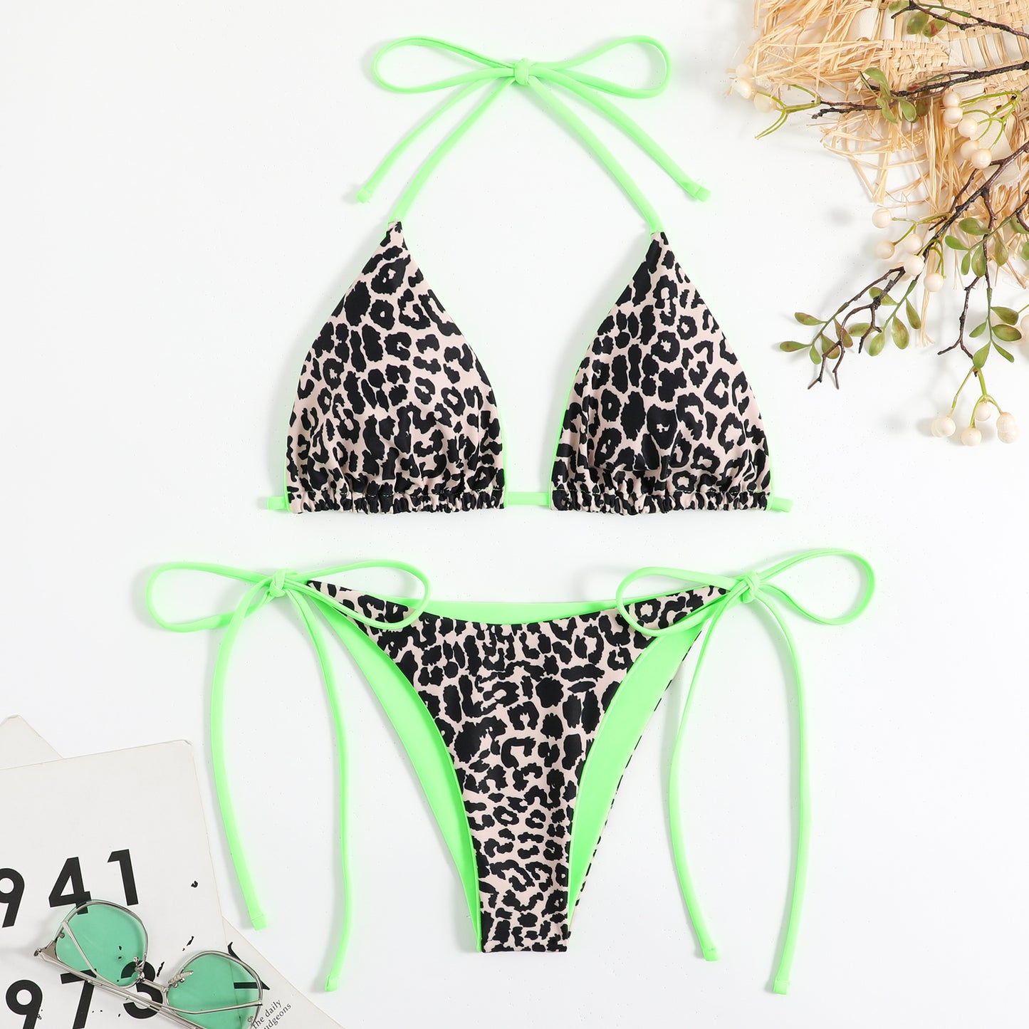 Nylon duplex printing lace up split bikinis