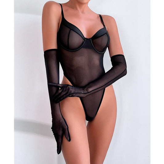 Lace transparent mesh jumpsuit lingerie sets