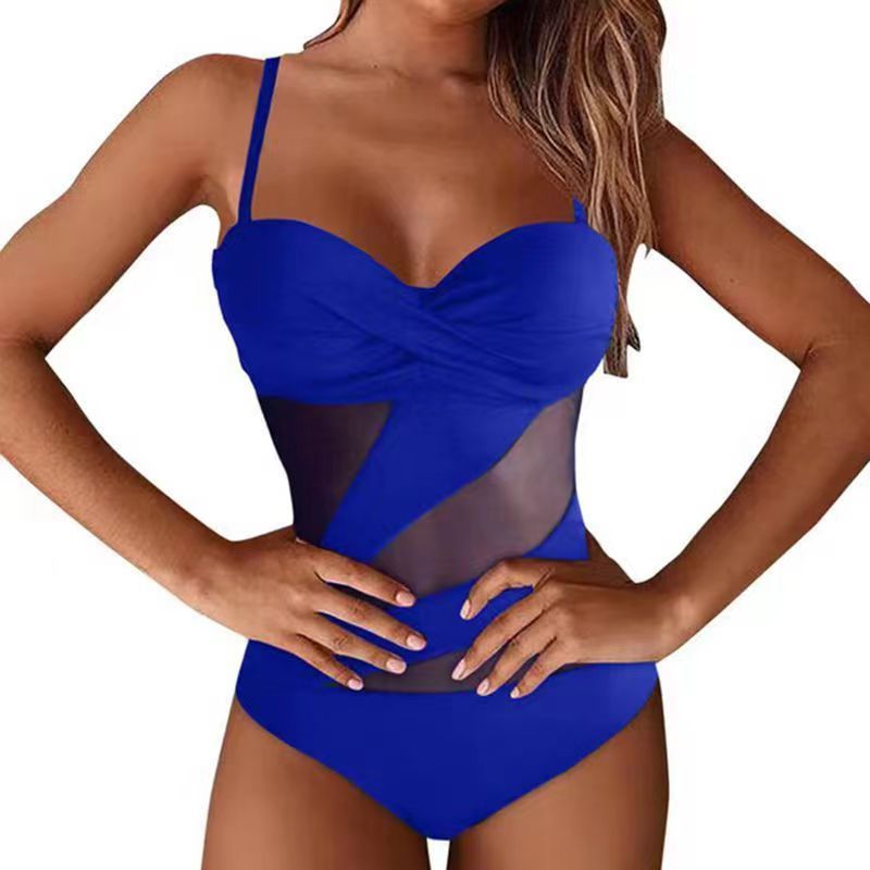 Elegant mesh-panel cutout one-piece bikinis