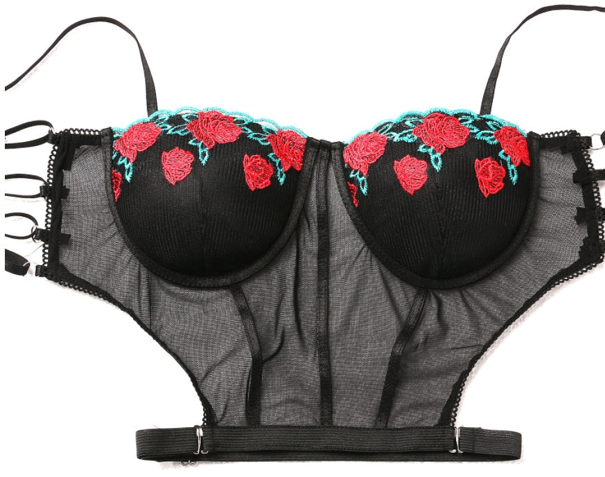 Underwire embroidered black temperament lingerie