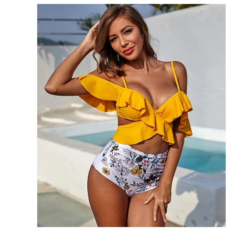 Sexy ruffled high-waist off-shoulder bikinis