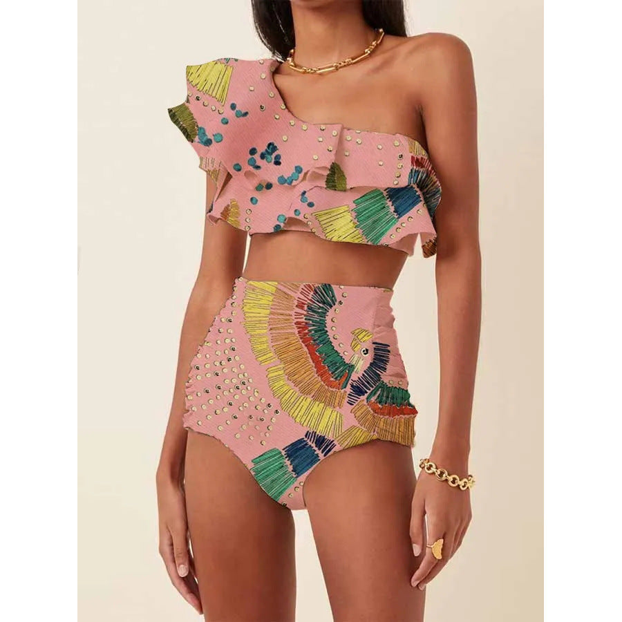 Printed oblique shoulder ruffled high waist bikini sets