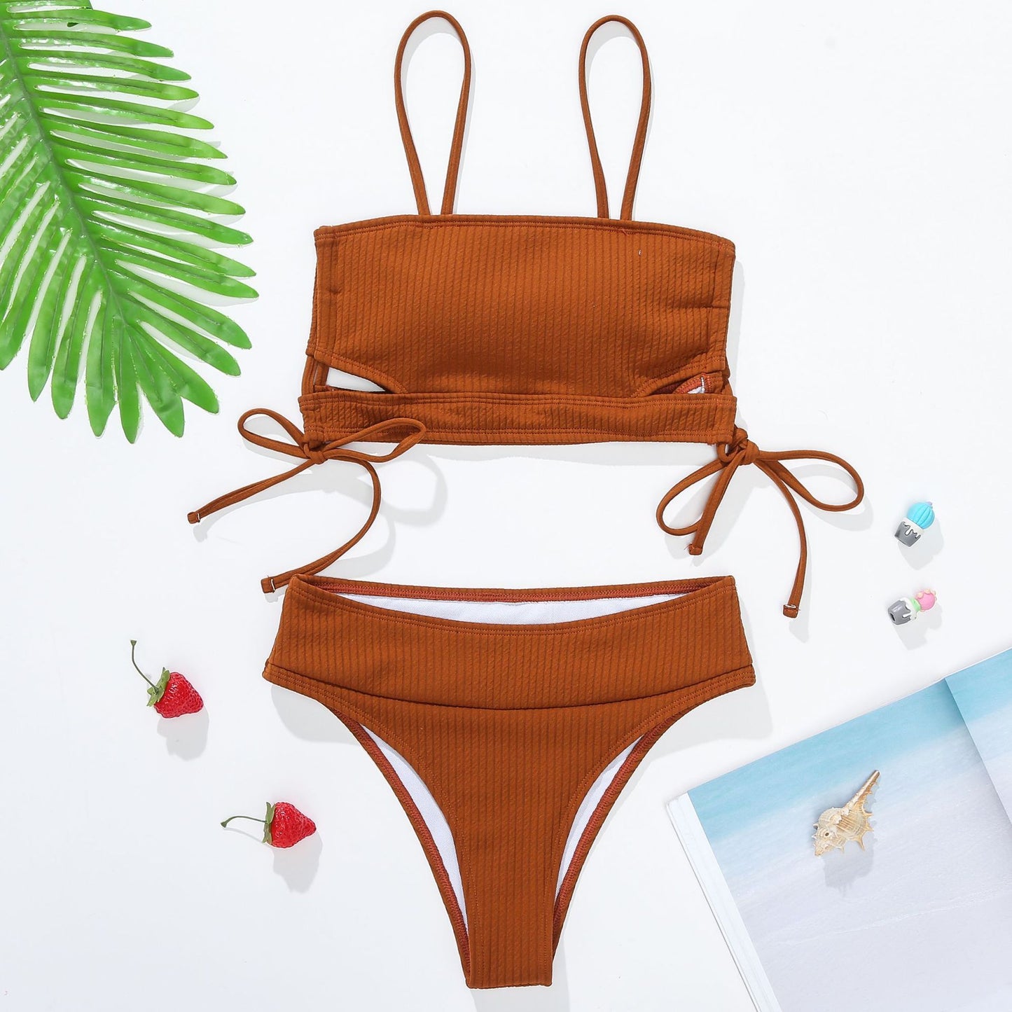 Seductive ribbed lace-up high-waist bikinis