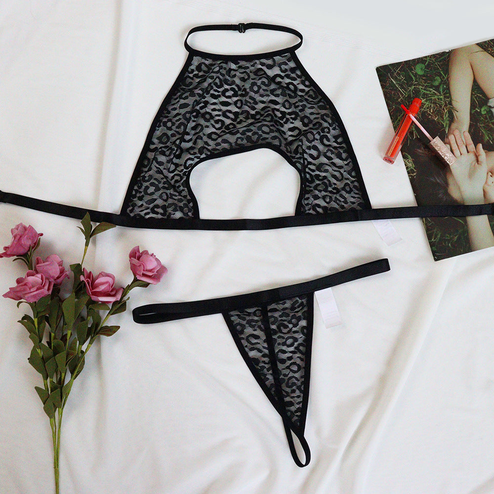 Leopard-print sexy lingerie with lace and mesh