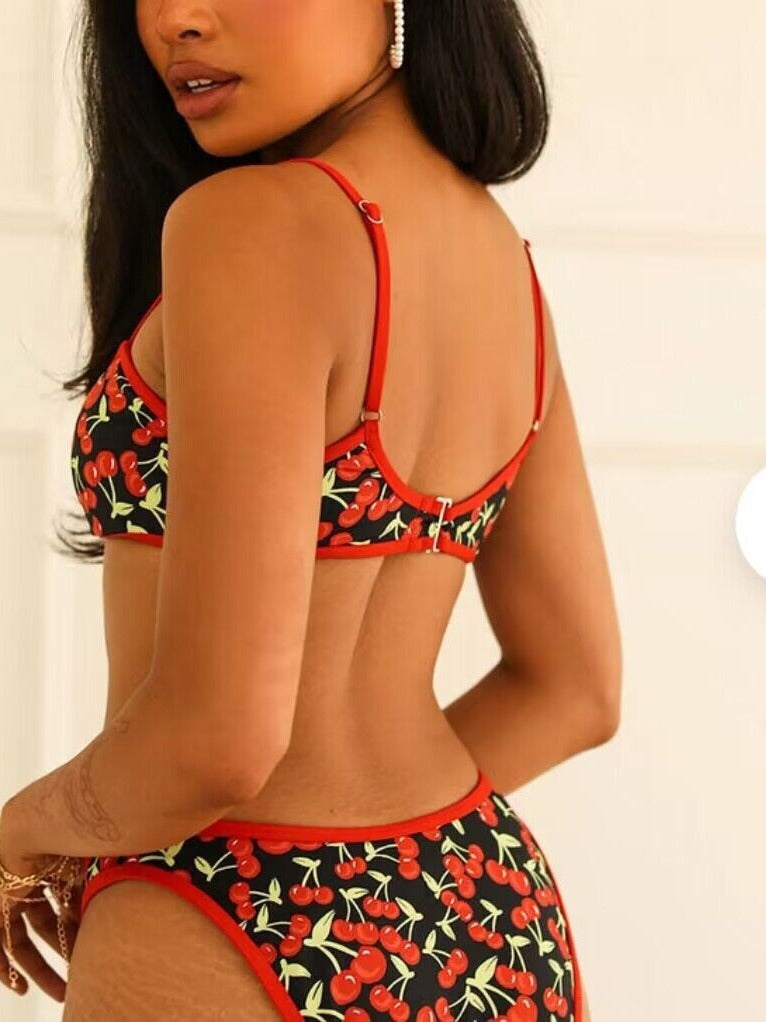 Cherry print tube top bikini sets