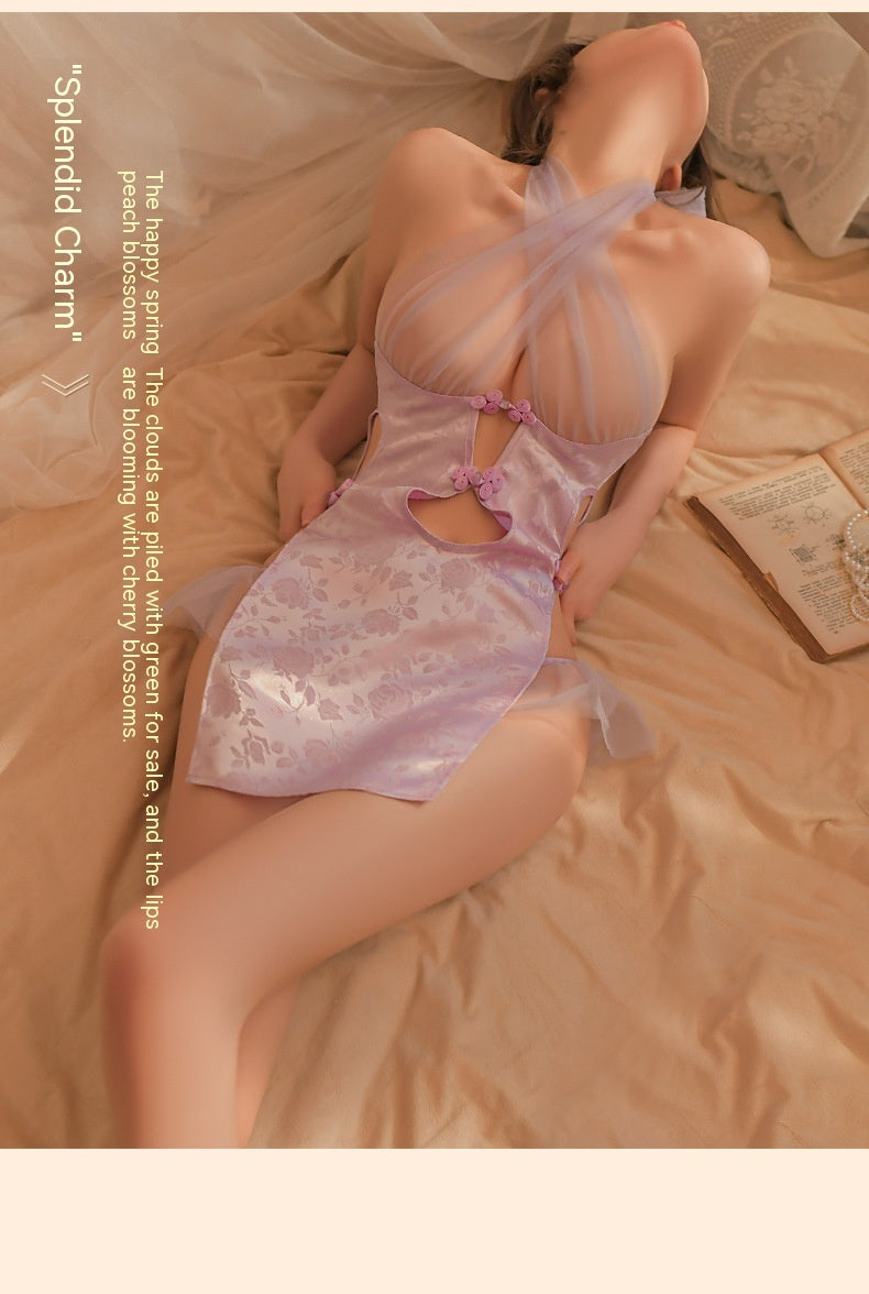 Sexy cross-halterneck mesh lingerie suits