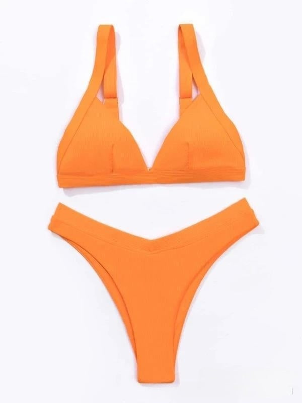 Solid small sunken stripe bikini sets
