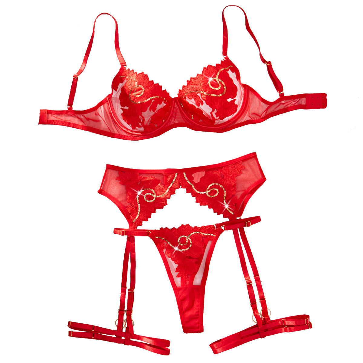 See-through embroidered lingerie four-piece sets