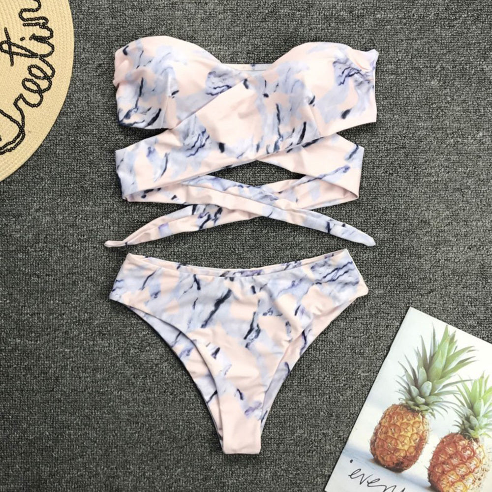 Gathered bandage high waist split bikini sets