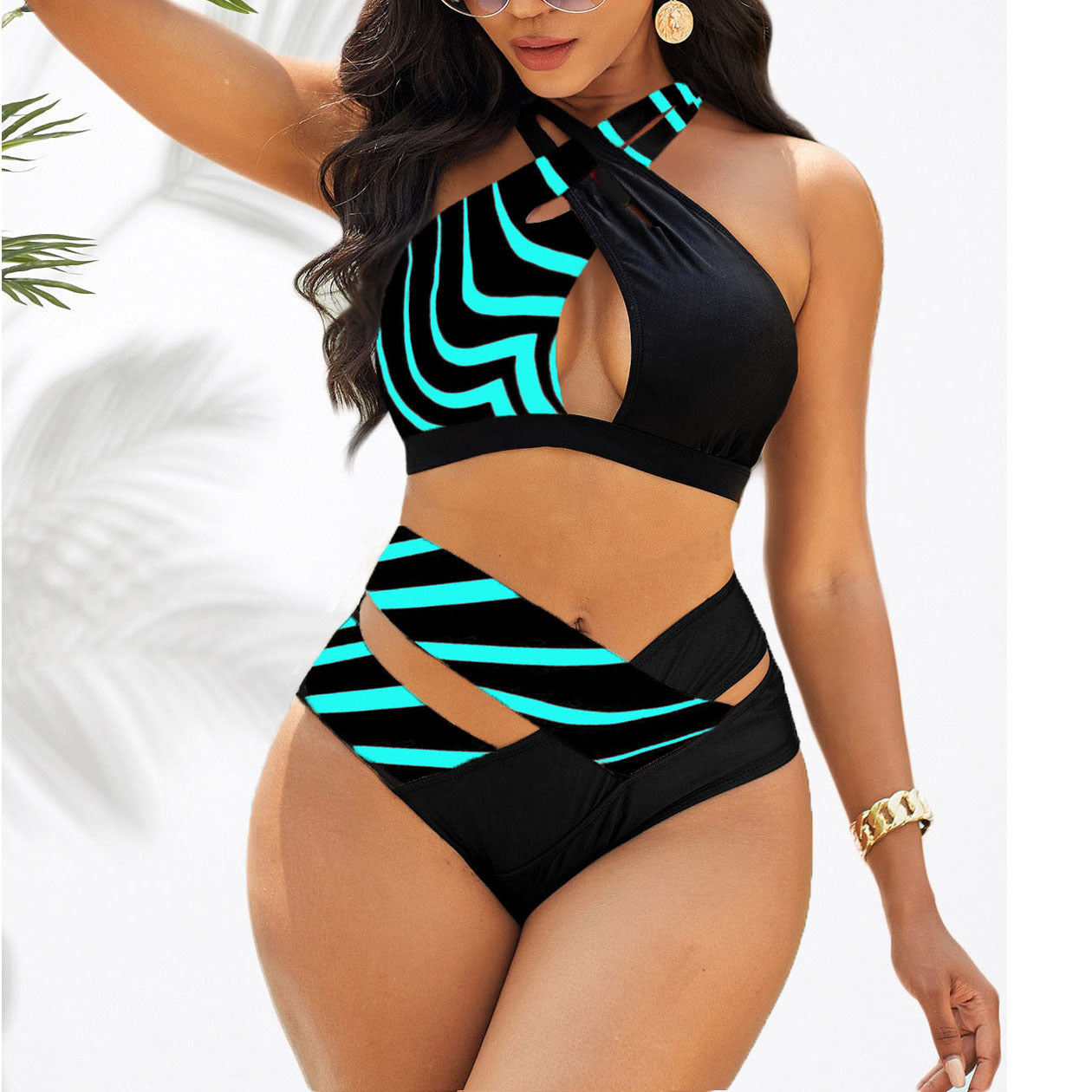Triangle hanging neck cross bikini sets