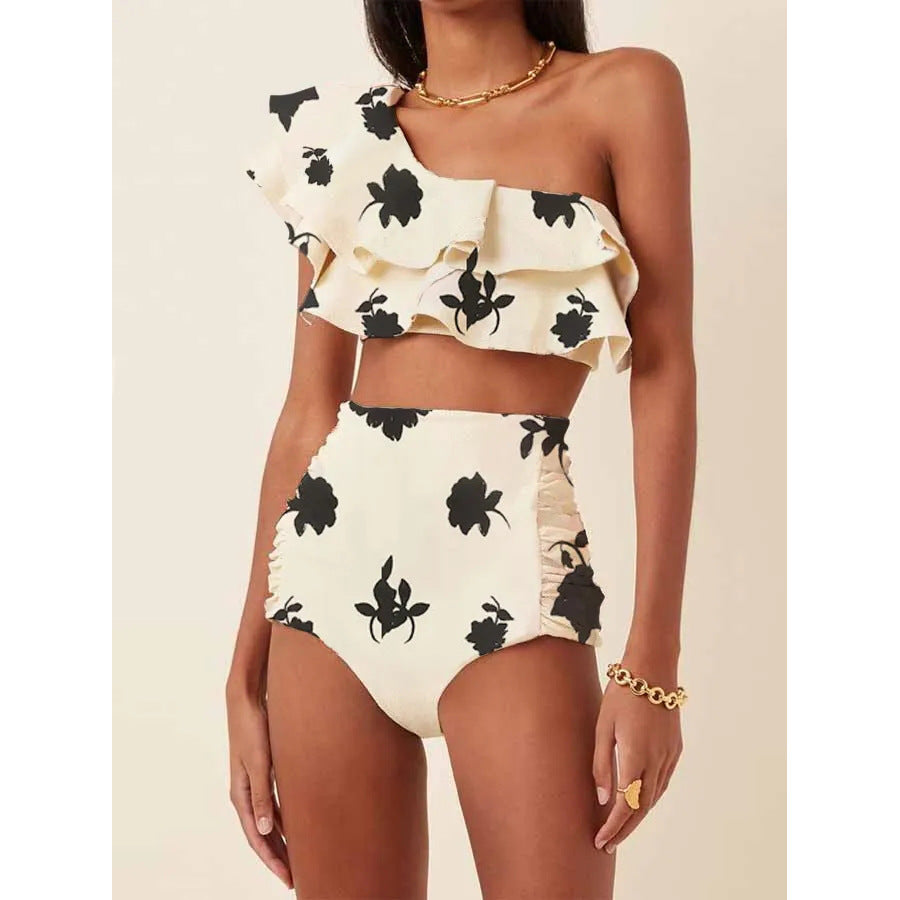 Printed oblique shoulder ruffled high waist bikini sets