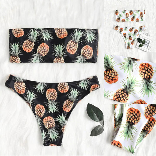 Playful pineapple print tube top split bikinis