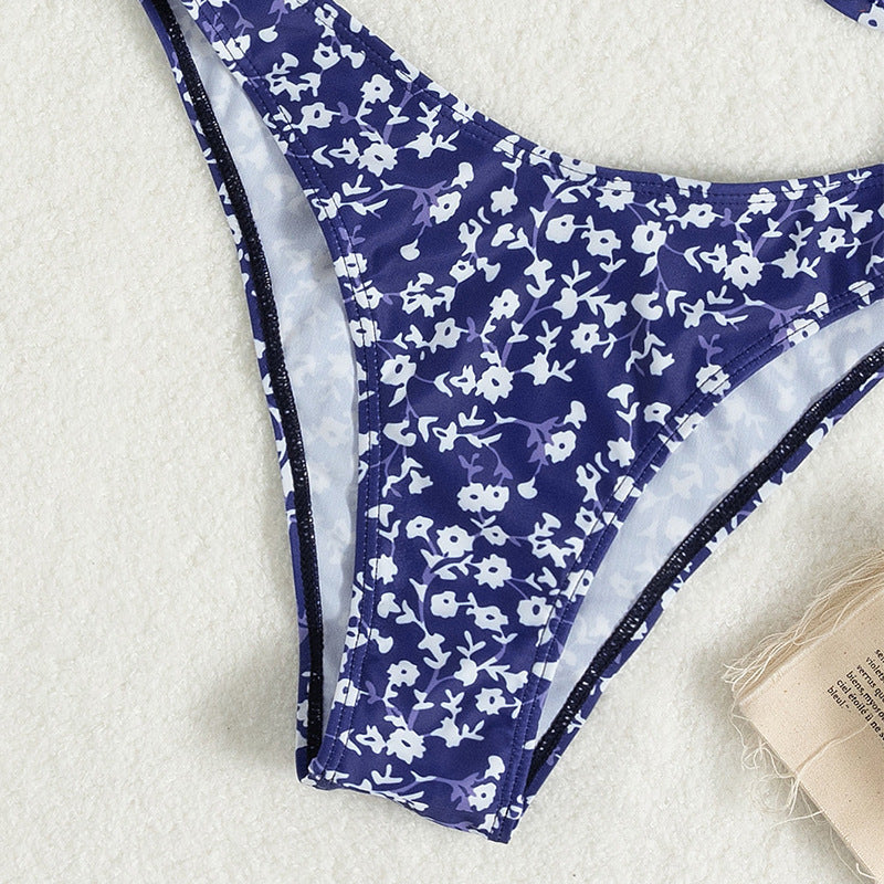 Floral gathered backless high waist triangle bikini sets